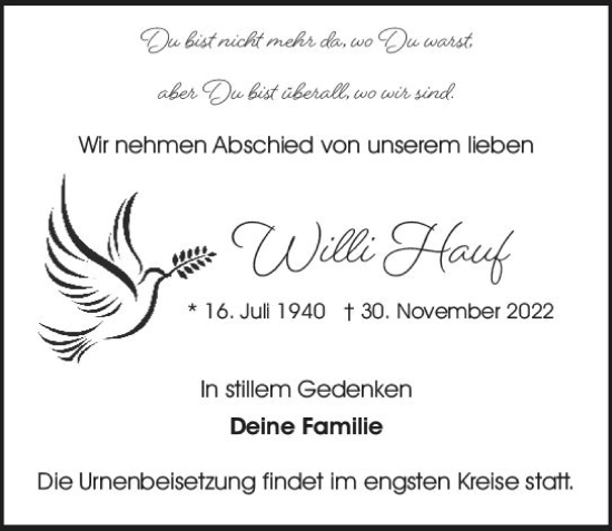 Traueranzeige von Willi Hauf von vrm-trauer Darmstädter Echo