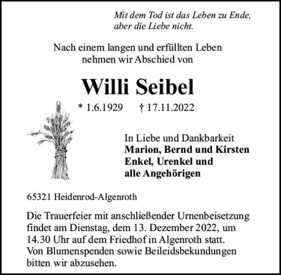 Traueranzeige von Willi Seibel von vrm-trauer WK-UTA