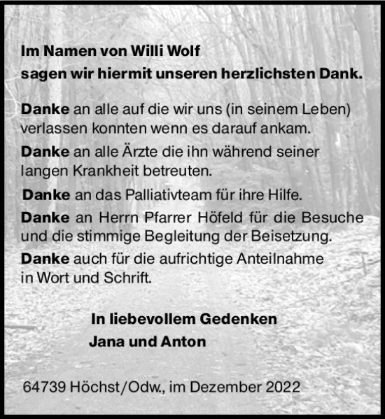 Traueranzeige von Willi Wolf von vrm-trauer Odenwälder Echo