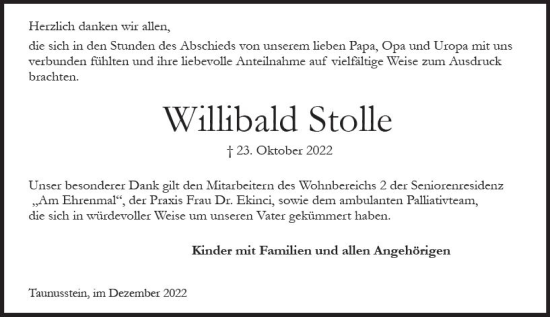 Traueranzeige von Willibald Stolle von vrm-trauer WK-UTA