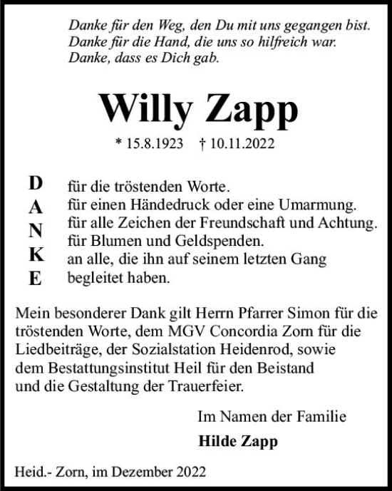 Traueranzeige von Willy Zapp von vrm-trauer WK-UTA