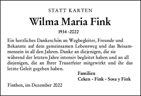 Traueranzeige von Wilma Maria Fink von vrm-trauer AZ Mainz