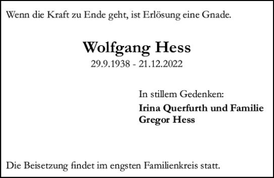 Traueranzeige von Wolfgang Hess von vrm-trauer Rüsselsheimer Echo / MainSpitze
