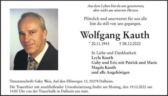 Traueranzeige von Wolfgang Kauth von vrm-trauer AZ Mainz