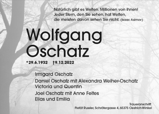 Traueranzeige von Wolfgang Oschatz von vrm-trauer Wiesbadener Kurier
