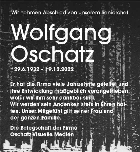 Traueranzeige von Wolfgang Oschatz von vrm-trauer Wiesbadener Kurier