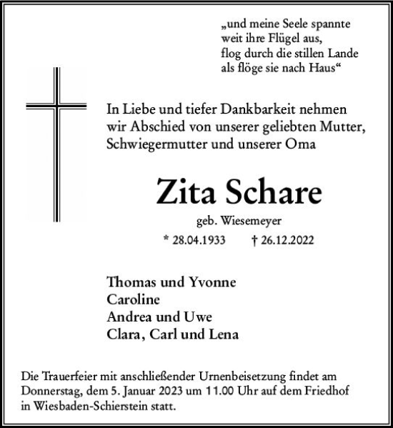 Traueranzeige von Zita Schare von vrm-trauer Wiesbadener Kurier