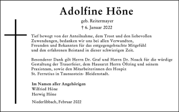 Traueranzeige von Adolfine Höne von vrm-trauer Wiesbadener Kurier
