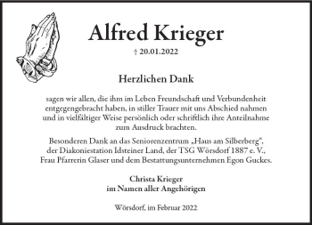 Traueranzeige von Alfred Krieger von vrm-trauer Idsteiner Zeitung