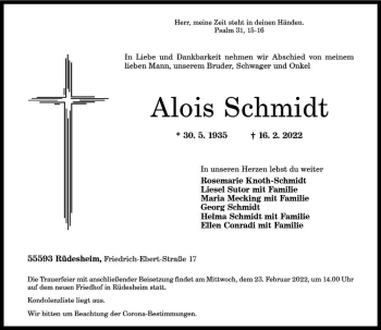 Traueranzeige von Alois Schmidt von vrm-trauer Allg. Zeitung Bad Kreuznach