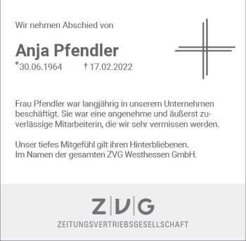 Traueranzeige von Anja Pfendler von vrm-trauer Wiesbadener Kurier