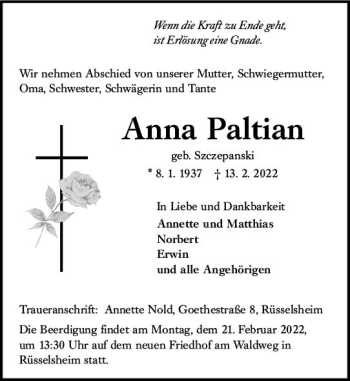 Traueranzeige von Anna Paltian von vrm-trauer Rüsselsheimer Echo / MainSpitze