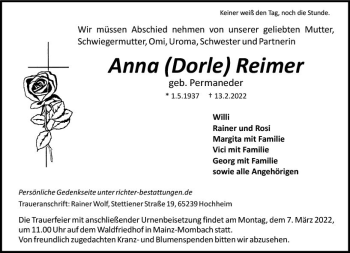 Traueranzeige von Anna  Reimer von vrm-trauer AZ Mainz