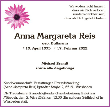 Traueranzeige von Anna Margareta Reis von vrm-trauer Wiesbadener Kurier