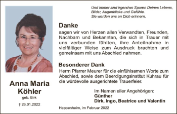 Traueranzeige von Anna Maria Köhler von vrm-trauer Bürstädter/Lamperth. Ztg/Starkenburger