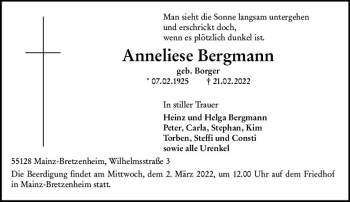 Traueranzeige von Anneliese Bergmann von vrm-trauer AZ Mainz