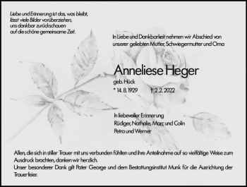 Traueranzeige von Anneliese Heger von vrm-trauer Hochheimer Zeitung
