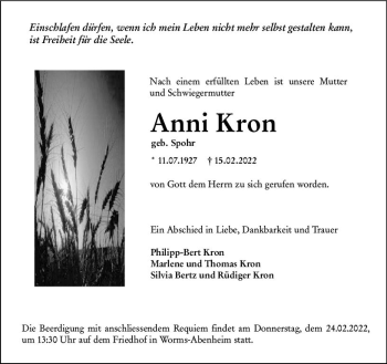 Traueranzeige von Anni Kron von vrm-trauer Wormser Zeitung