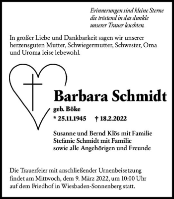 Traueranzeige von Barbara Schmidt von vrm-trauer Wiesbadener Kurier