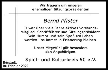 Traueranzeige von Bernd Pfister von vrm-trauer Bürstädter/Lamperth. Ztg/Starkenburger