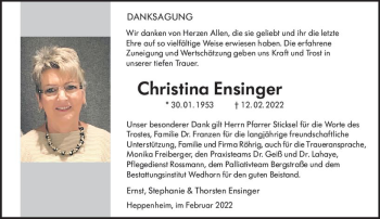 Traueranzeige von Christina Ensinger von vrm-trauer Bürstädter/Lamperth. Ztg/Starkenburger