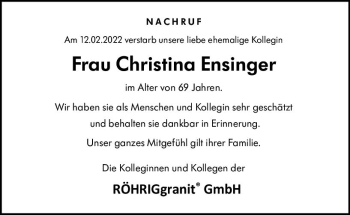 Traueranzeige von Christina Ensinger von vrm-trauer Bergsträßer Anzeiger