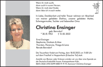 Traueranzeige von Christina Ensinger von vrm-trauer Bürstädter/Lamperth. Ztg/Starkenburger