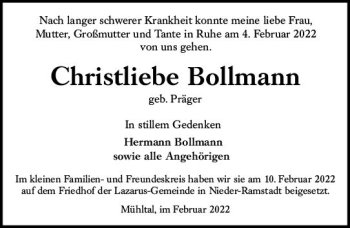 Traueranzeige von Christliebe Bollmann von vrm-trauer Darmstädter Echo