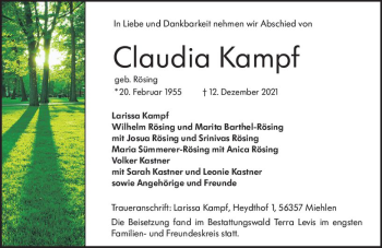 Traueranzeige von Claudia Kampf von vrm-trauer Wiesbadener Kurier