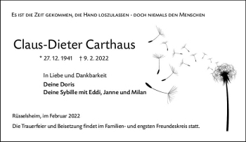 Traueranzeige von Claus-Dieter Carthaus von vrm-trauer Rüsselsheimer Echo / MainSpitze