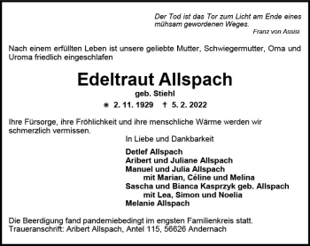 Traueranzeige von Edeltraut Allspach von vrm-trauer AZ Mainz
