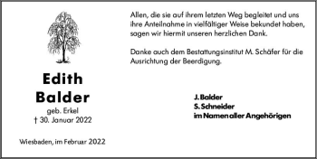 Traueranzeige von Edith Balder von vrm-trauer Wiesbadener Kurier