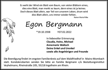 Traueranzeige von Egon Bergmann von vrm-trauer Allgemeine  Zeitung Ingelheim-Bingen