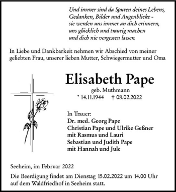 Traueranzeige von Elisabeth Pape von vrm-trauer Darmstädter Echo
