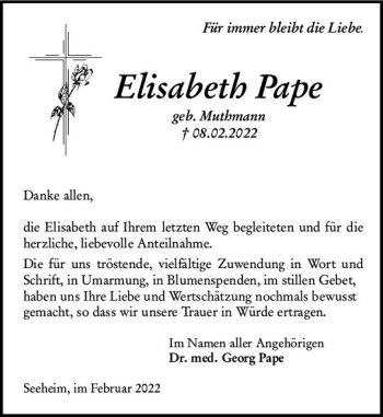 Traueranzeige von Elisabeth Pape von vrm-trauer Darmstädter Echo