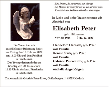 Traueranzeige von Elisabeth Peter von vrm-trauer Rheingau
