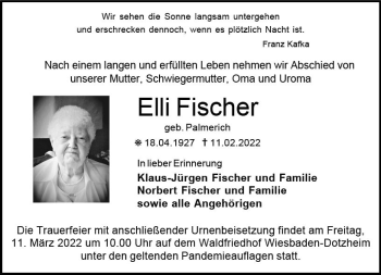 Traueranzeige von Elli Fischer von vrm-trauer Wiesbadener Kurier