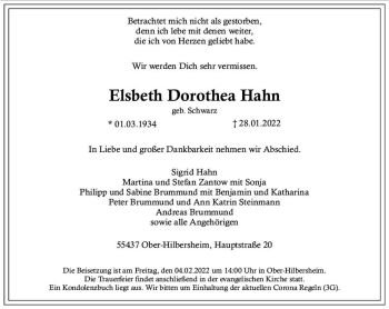 Traueranzeige von Elsbeth Dorothea Hahn von vrm-trauer Allgemeine  Zeitung Ingelheim-Bingen