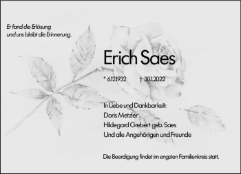 Traueranzeige von Erich Saes von vrm-trauer Wiesbadener Kurier