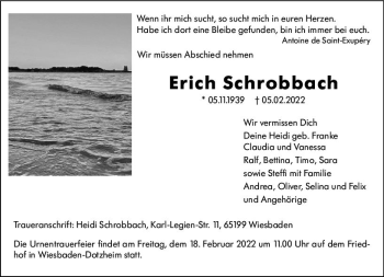 Traueranzeige von Erich Schrobbach von vrm-trauer Wiesbadener Kurier