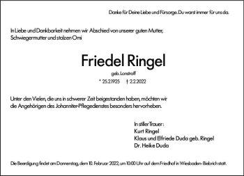 Traueranzeige von Friedel Ringel von vrm-trauer Wiesbadener Kurier