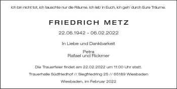 Traueranzeige von Friedrich Metz von vrm-trauer Wiesbadener Kurier