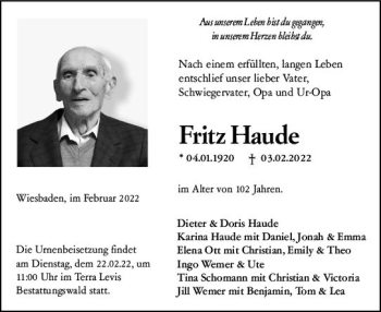 Traueranzeige von Fritz Haude von vrm-trauer Wiesbadener Kurier