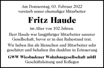 Traueranzeige von Fritz Haude von vrm-trauer Wiesbadener Kurier