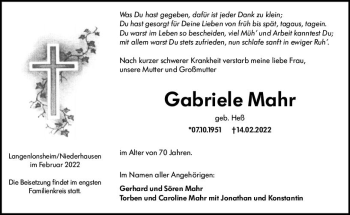 Traueranzeige von Gabriele Mahr von vrm-trauer Allg. Zeitung Bad Kreuznach