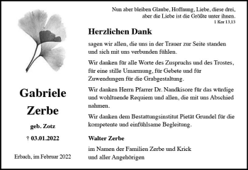 Traueranzeige von Gabriele Zerbe von vrm-trauer Wiesbadener Kurier
