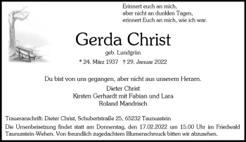 Traueranzeige von Gerda Christ von vrm-trauer Wiesbadener Kurier