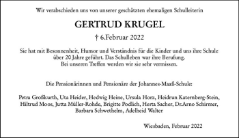 Traueranzeige von Gertrud Krugel von vrm-trauer Wiesbadener Kurier