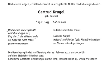 Traueranzeige von Gertrud Krugel von vrm-trauer Wiesbadener Kurier