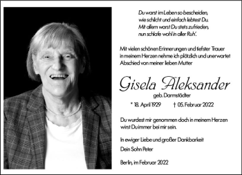 Traueranzeige von Gisela Aleksander von vrm-trauer Darmstädter Echo